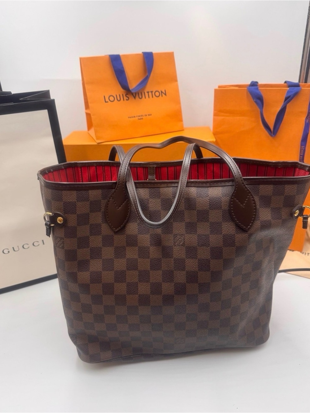 Louis Vuitton Brown Damier Canvas Tote with Red Interior